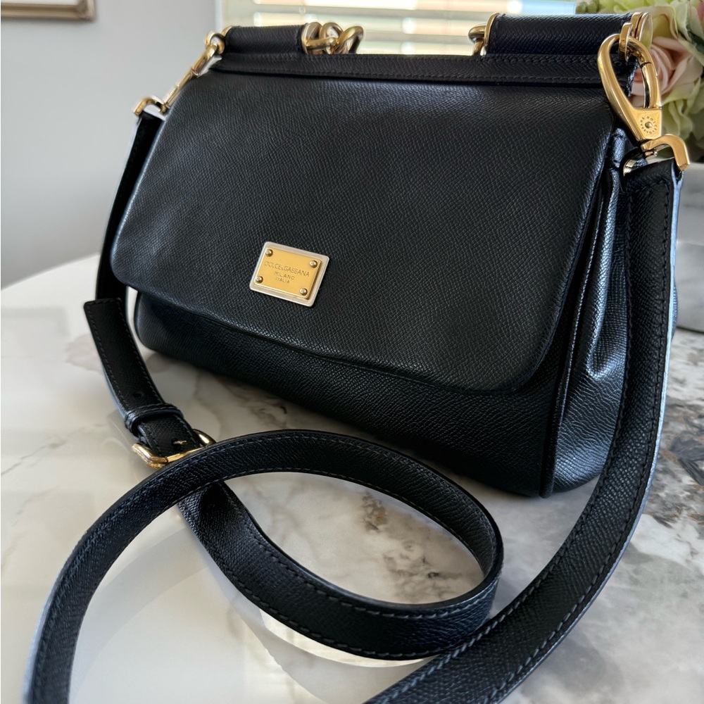 Dolce & Gabbana Miss Sicily M Size Black Leather Satchel with Gold Hardware.